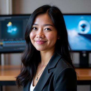 Headshot of Chloe Chen, a woman in her early 30s, in front of a monitor.