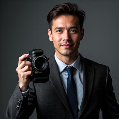 Headshot of Marcus Reid, a man in his 30s, holding a camera.